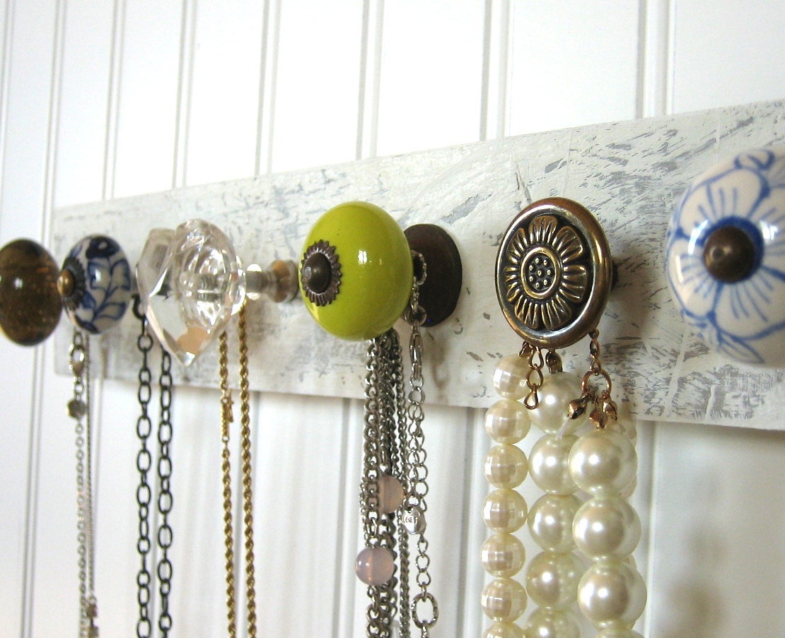 Jewelry Organizer / Necklace Holder with Chartreuse and Blue - AuntDedesBasement