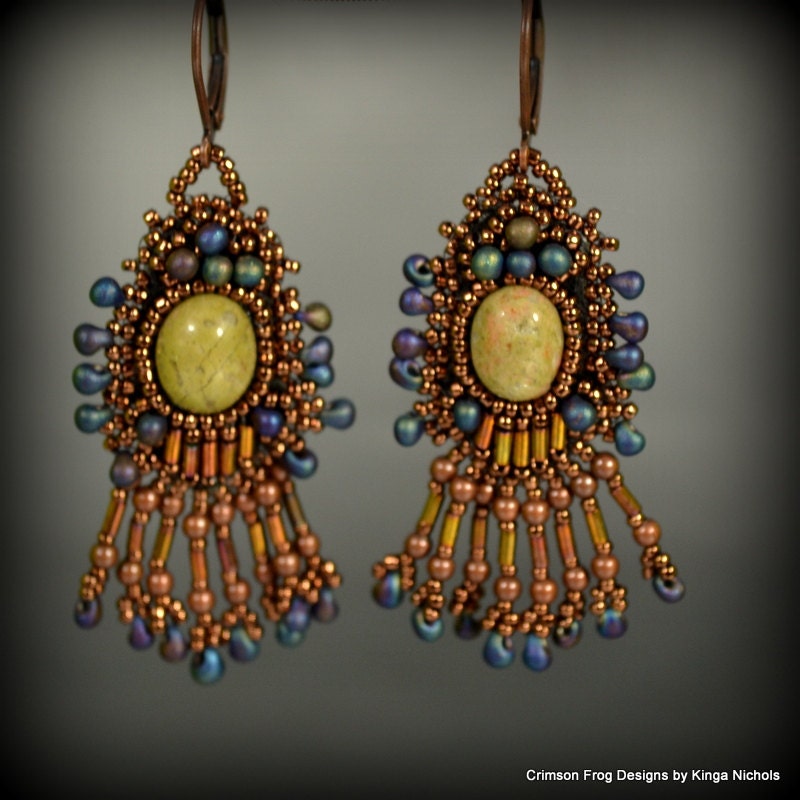 Bead Embroidery Earrings with serpentine in bronze