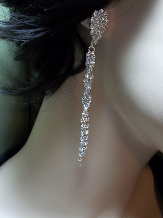 Bridal jewelry - LONG - Pave Crystal - Rhinestone earrings - 3 1/2" of SHIMMERING crystals - Slim twisted design - STATEMENT earrings