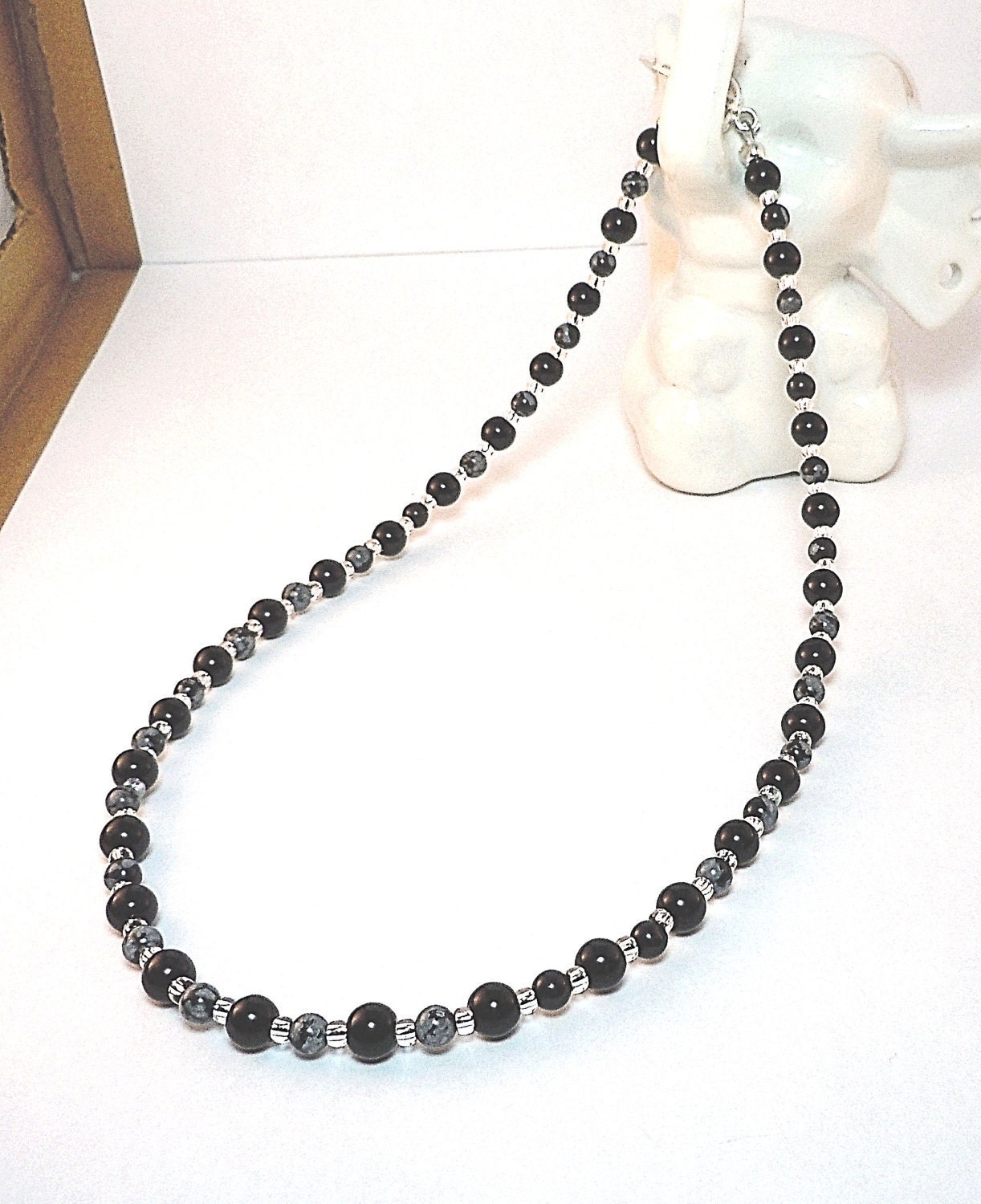 Beaded Necklace - Black Necklace - Choker Necklace - snowflake obsidian necklace, silver seed beads, silver toggle clasp
