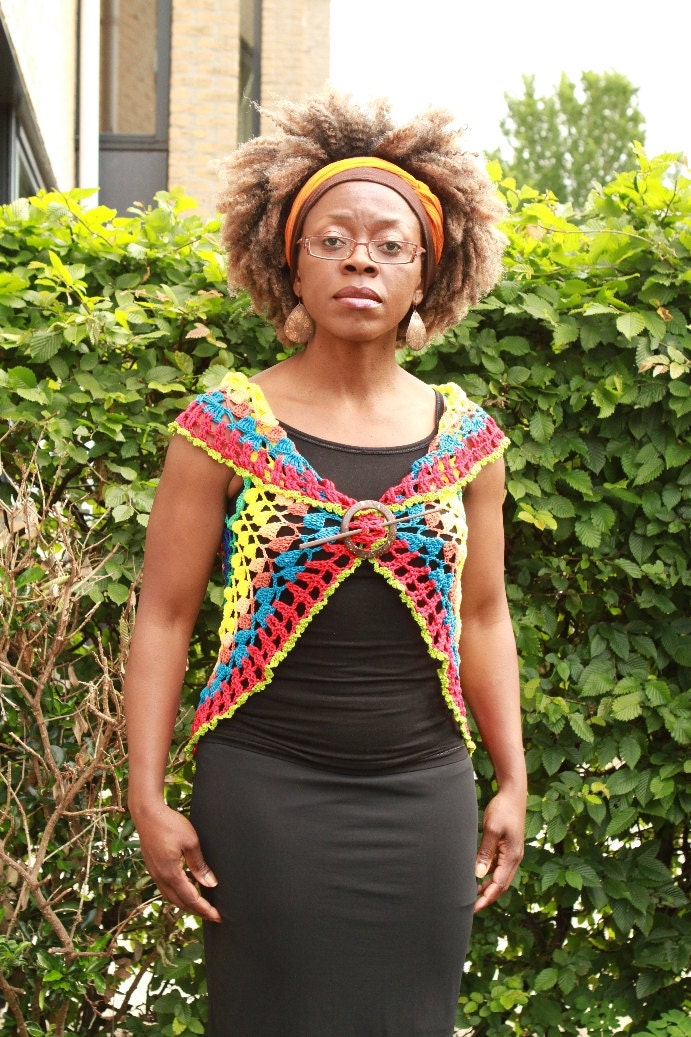 Handmade Crochet top, colourful summer tones, mercerized cotton yarn, S to M