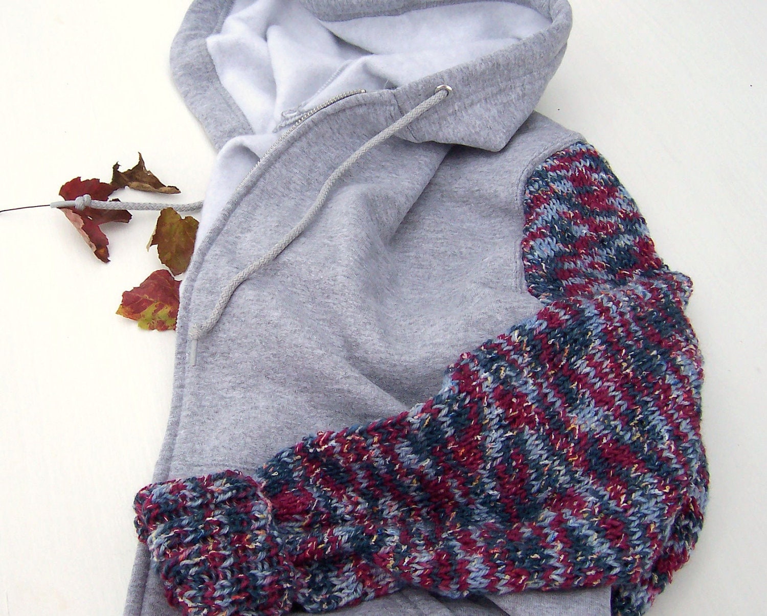 Sweater Sleeves Hoodie Fleece Zip Front Women's Bust 38-40 Grey, Burgundy, and Teal Wool Blend Yarn FREE matching fingerless gloves