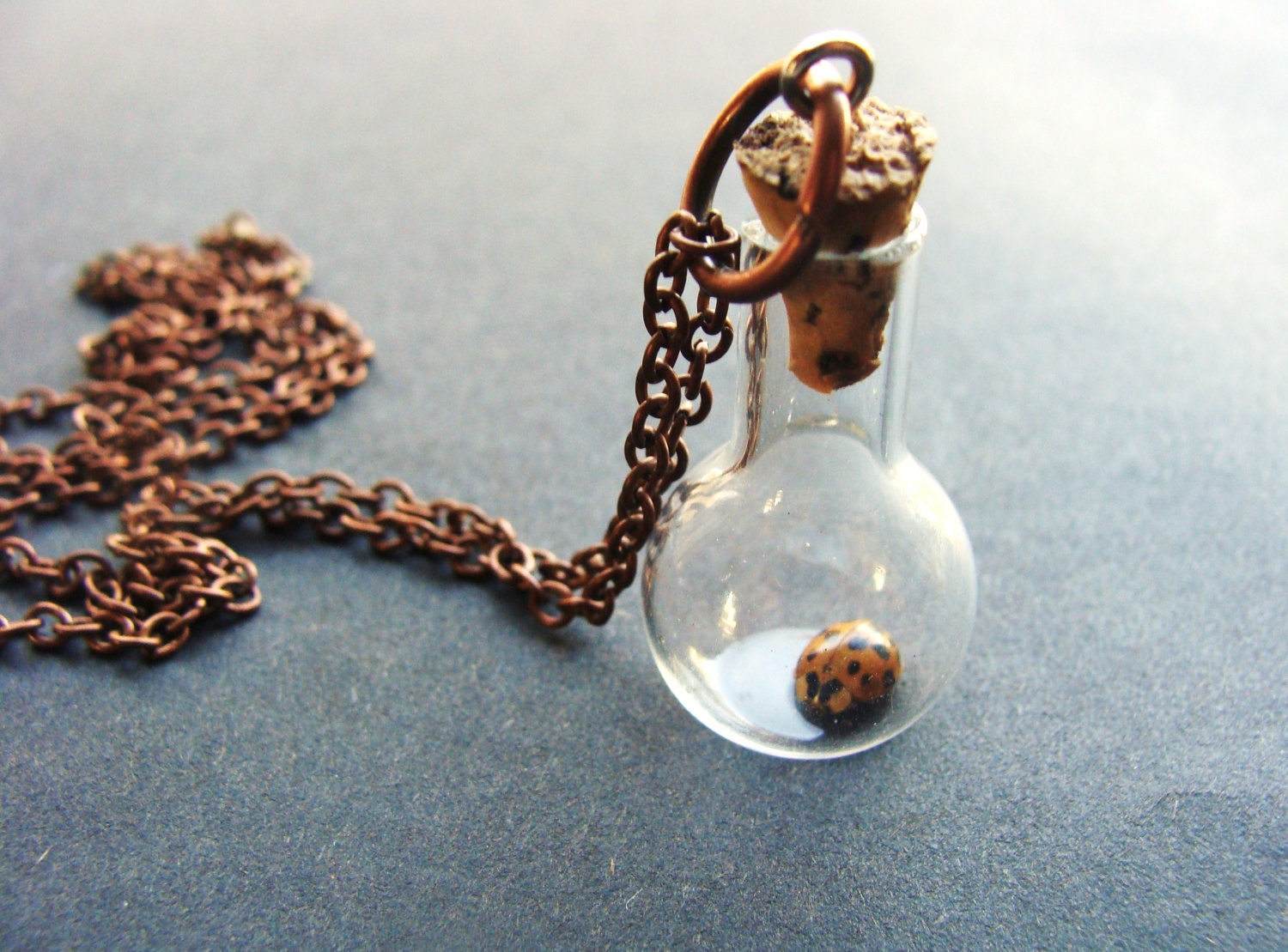 Ladybug Jar Necklace, Insect in Miniature Jar on Copper Chain, Good Luck Charm, Lucky