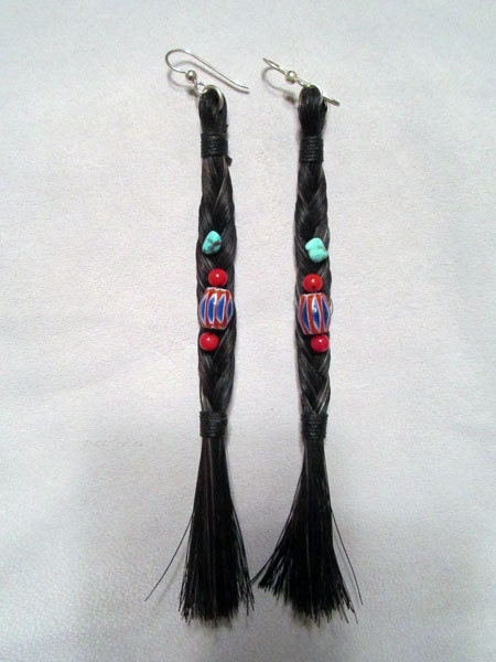 Black Horse Hair Earrings with Natural Turquoise, Coral and Chevron beads