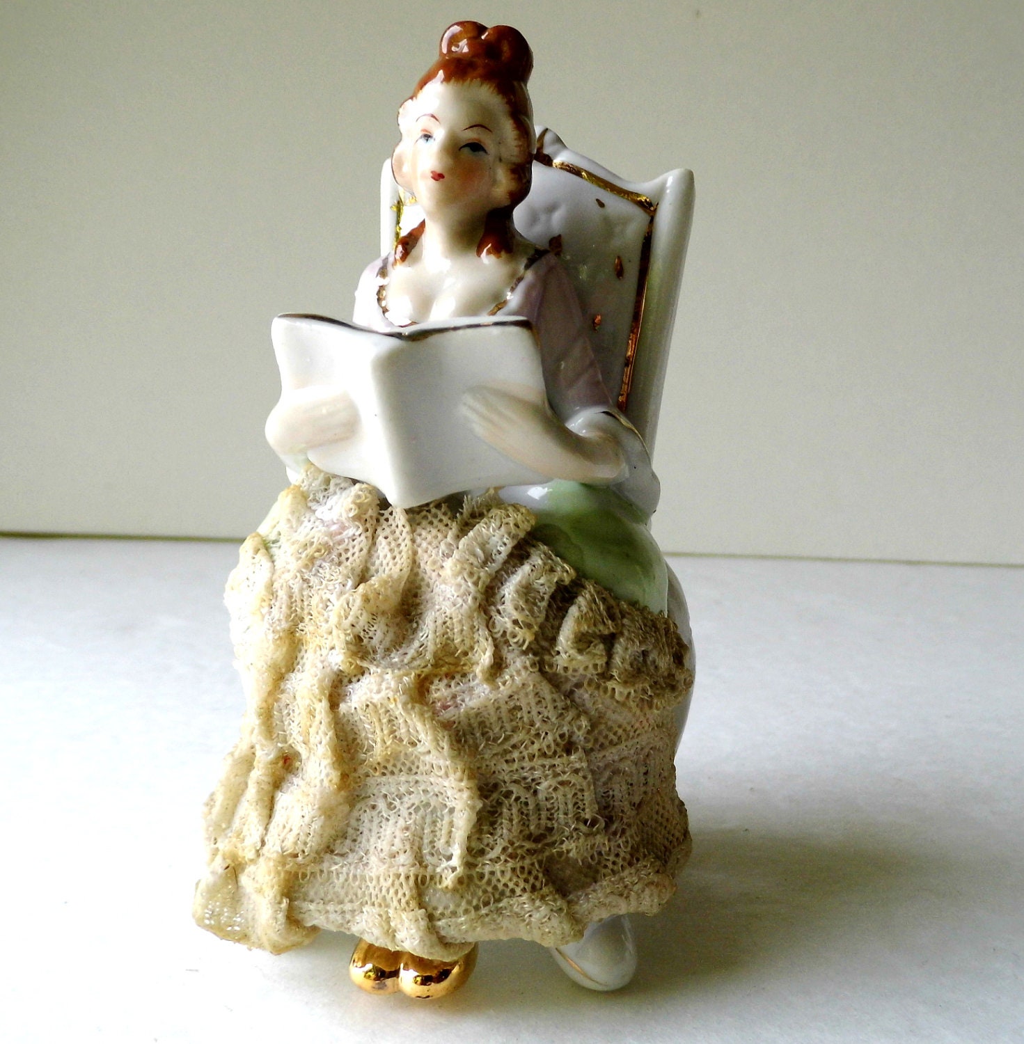 Items similar to Vintage Knick Knack, Colonial Doll, Lace Skirt, Foil
