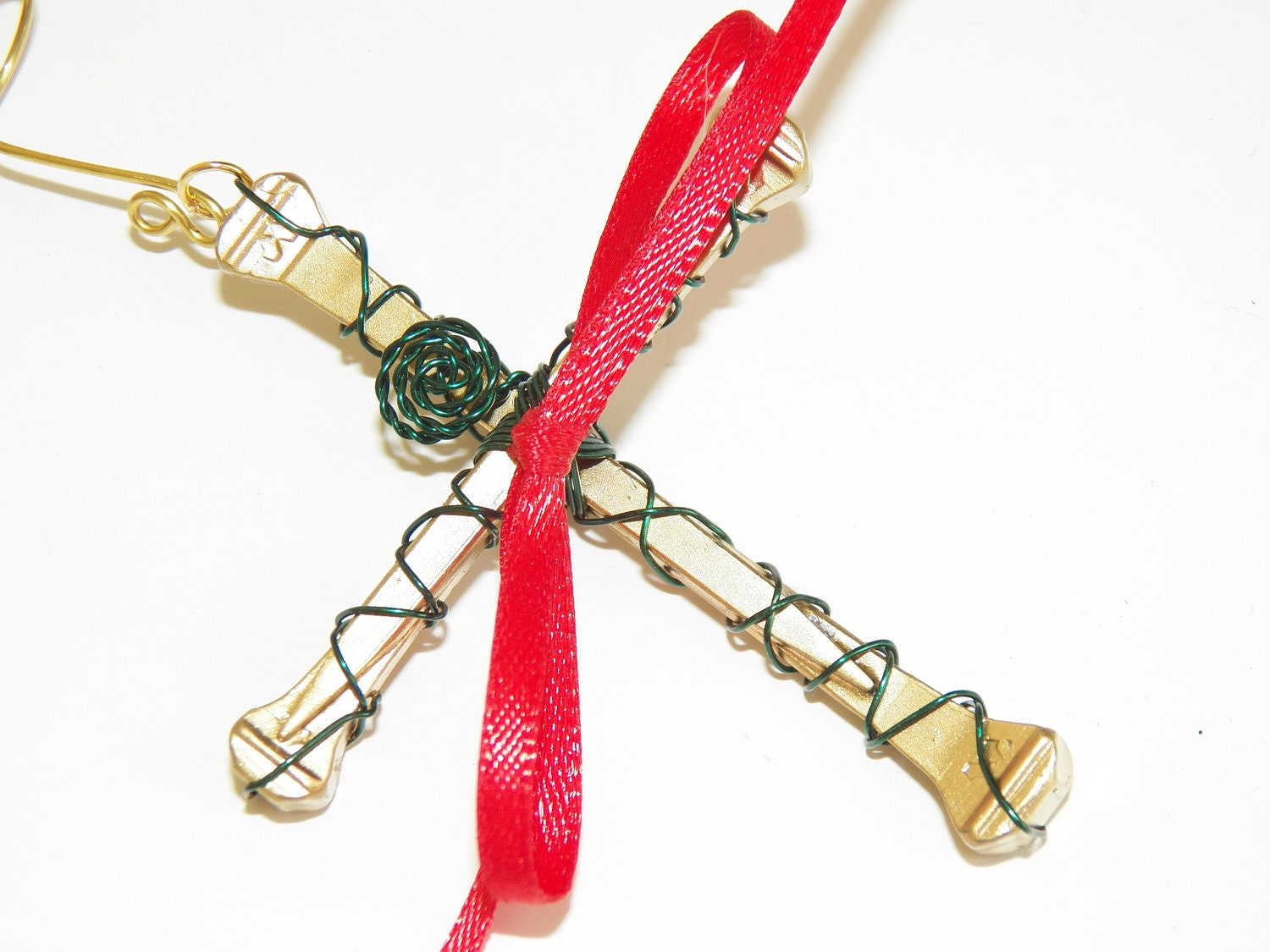 Cross Christmas Ornament Wall Hanging Home Decor Gold Horseshoe Nail Cross Green Wire Wrapped Red Ribbon Handmade Montana USA Free Shipping