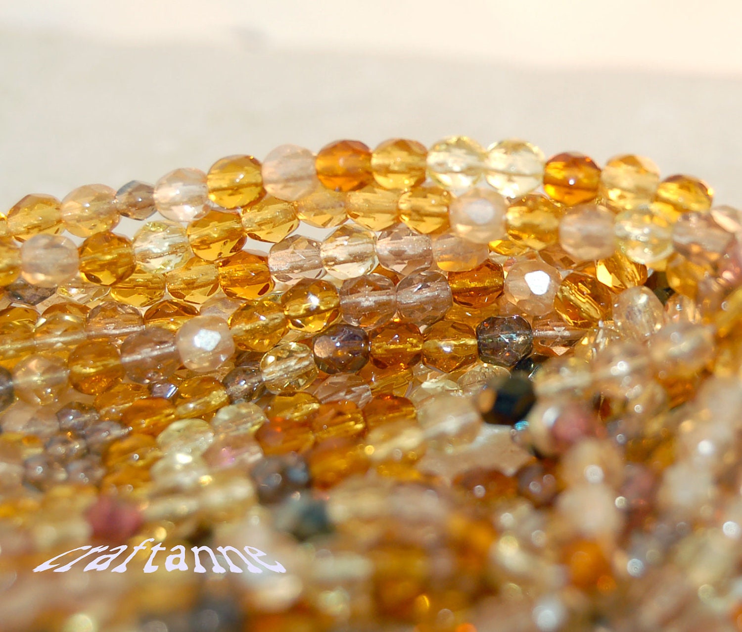 16" inch Antique Gold Mix of 3mm, 4mm Firepolished Czech Round Beads in Amber, Ivory, Champagne, Rose, Bronze, One Strand and Free Shipping