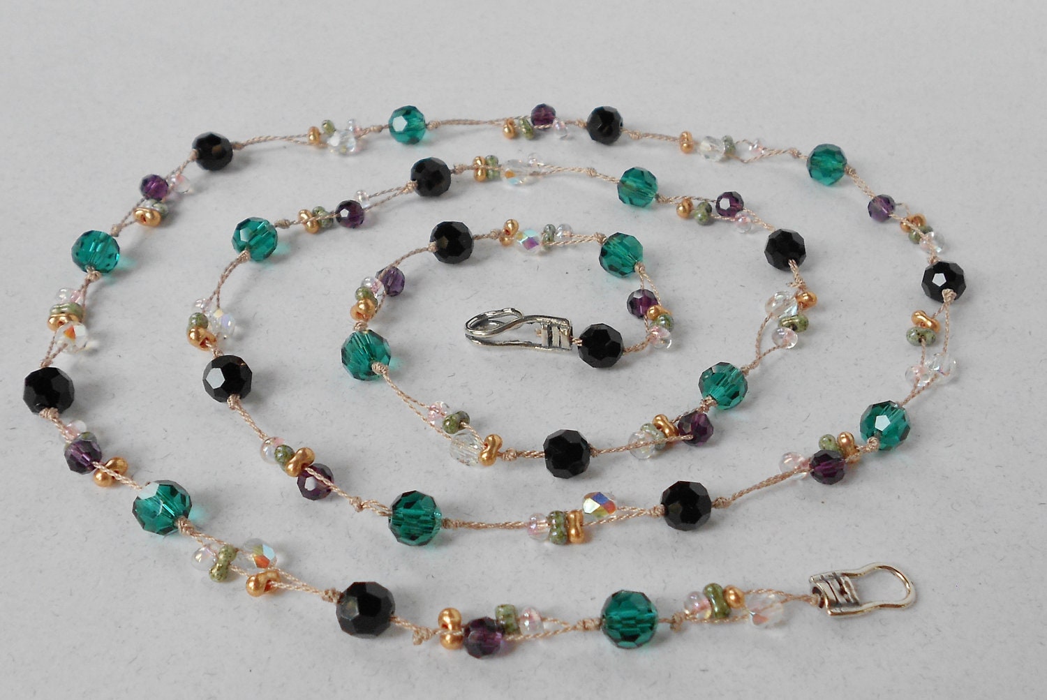 Sterling Silver - Silk knotted long necklace with Emerald, Black, Purple, and Clear Swarovski crystals & farfalle beads (NK178)