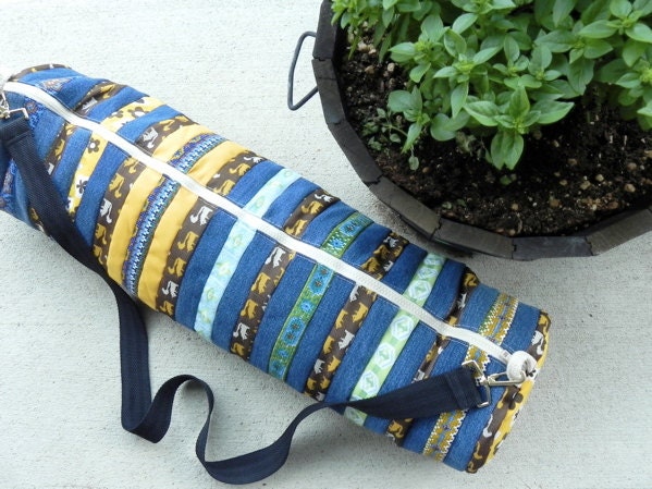 SHANNY Yoga Mat Bag - for Men or Women - Patchwork Tote - Vintage Fabric - Fully Lined with Strap - Custom - Large - 28" long x 7" diameter