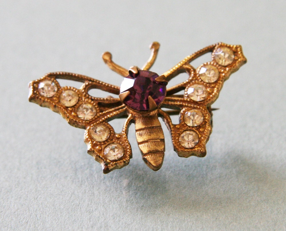 Antique 1930s Butterfly Pin -:- Amethyst & White Color Stones