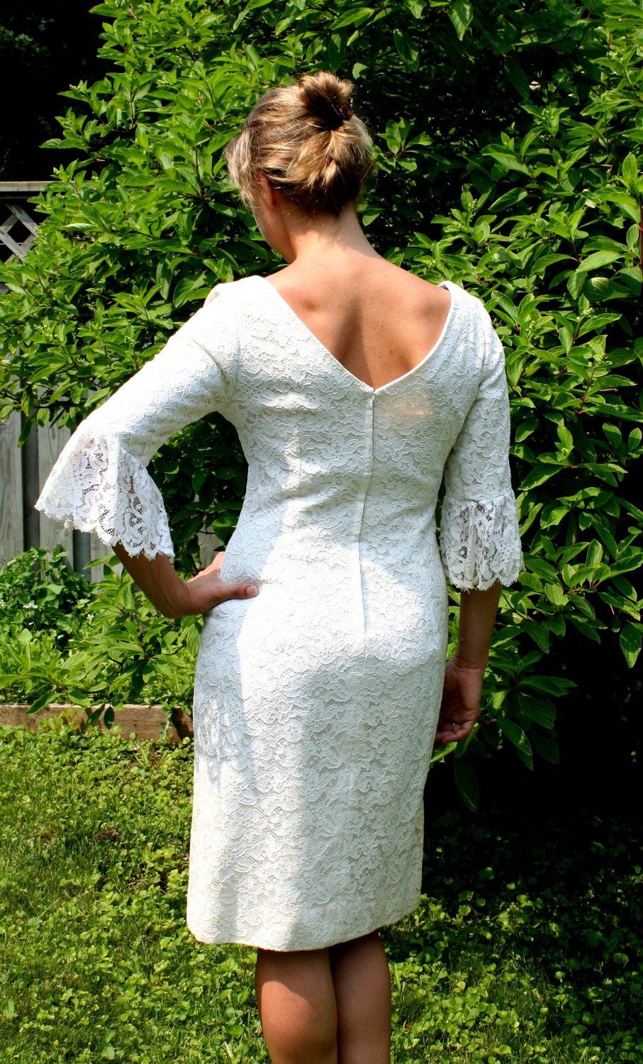 vintage Wedding Dress 1960s white lace Size S-M gorgeous Designer garden party with Bell sleeves.