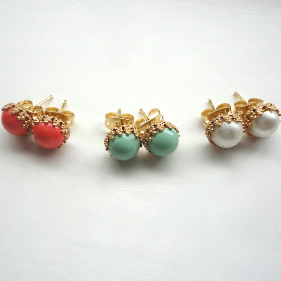 Tiny Stud Earrings - Coral, Mint, & Pearl - Choose Your Color - One Pair of Post Earrings