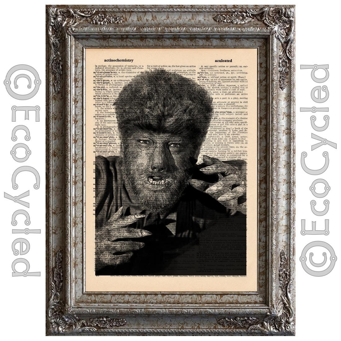 The Wolf Man on Vintage Upcycled Dictionary Page Book Art Print Recycled Movie Monster