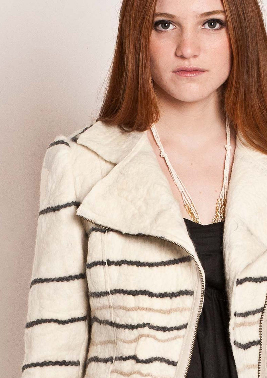 Cropped jacket black stripes - Spring white and black biker style, motorcycle jacket, chic asymmetric closure by Texturable