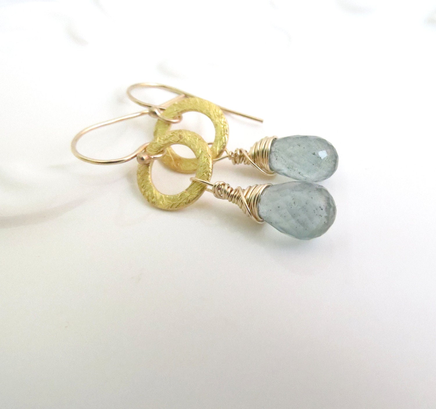 Moss Aquamarine Briolette with Gold Circle Earrings