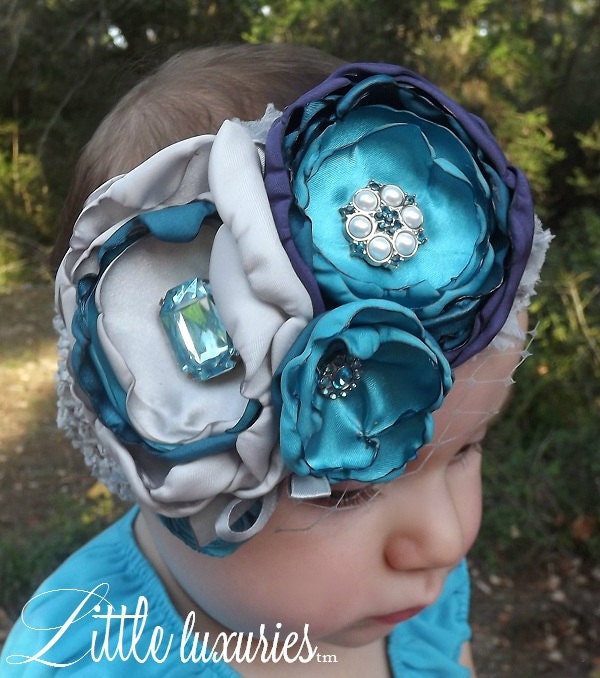 Twilight Couture Headband- Grey, Teal, Aqua, and Purple Hand Singed Peony Headpiece