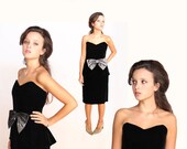 SALE ...Vintage Black Velvet  Strapless Peplum Cocktail Dress