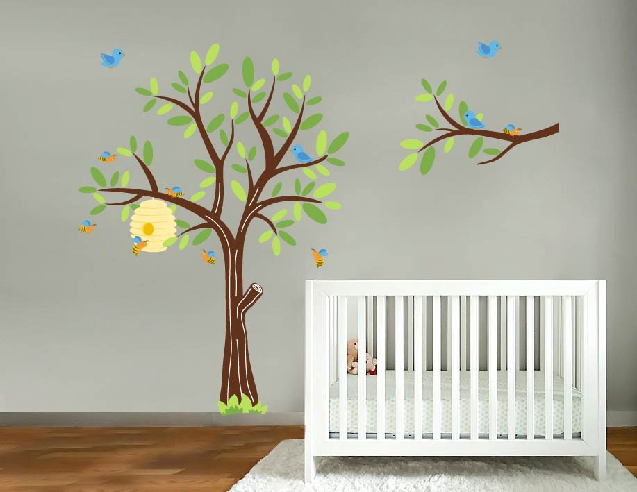 ON SALE Kids vinyl wall decal Tree with a tree branch set with birds bee hive and bumble bees