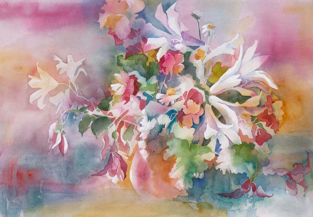 Lavender Pink Rust Gold Watercolor of Garden Flowers Smaii AP Print