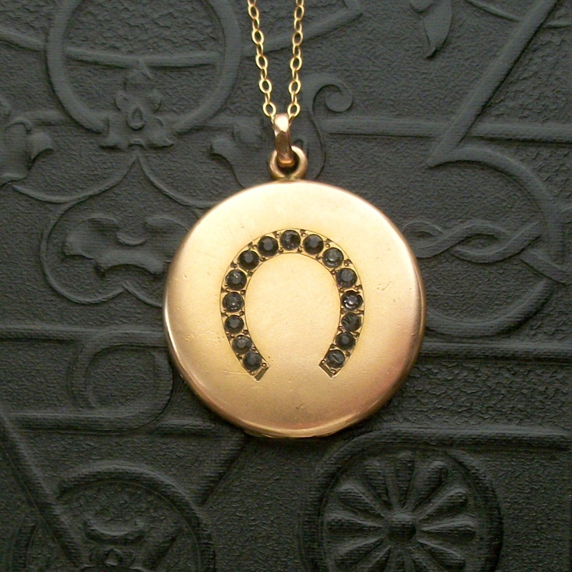 Antique Victorian Locket. Horseshoe. Blackened Briliants. Engraved.