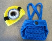 Crochet Newborn Baby Boy Girl Photo Prop Set Despicable Me Minion Hat Diaper Cover Overall Suspenders Made to Order