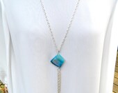 Blue Agate Pendant Necklace Long Agate Necklace Long Pendant Necklace Gemstone Chain Tassel Necklace