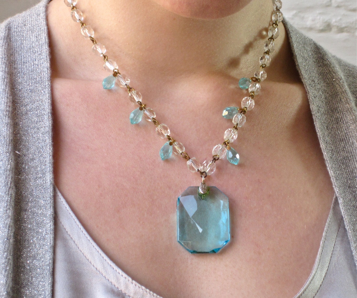 Vintage Crystal Pendant/Necklace-Faceted- with Crystal Beaded Chain- Aqua or Pale Pink