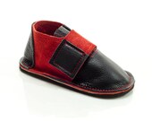Navy blue and red leather and suede handmade shoes for children and toddlers