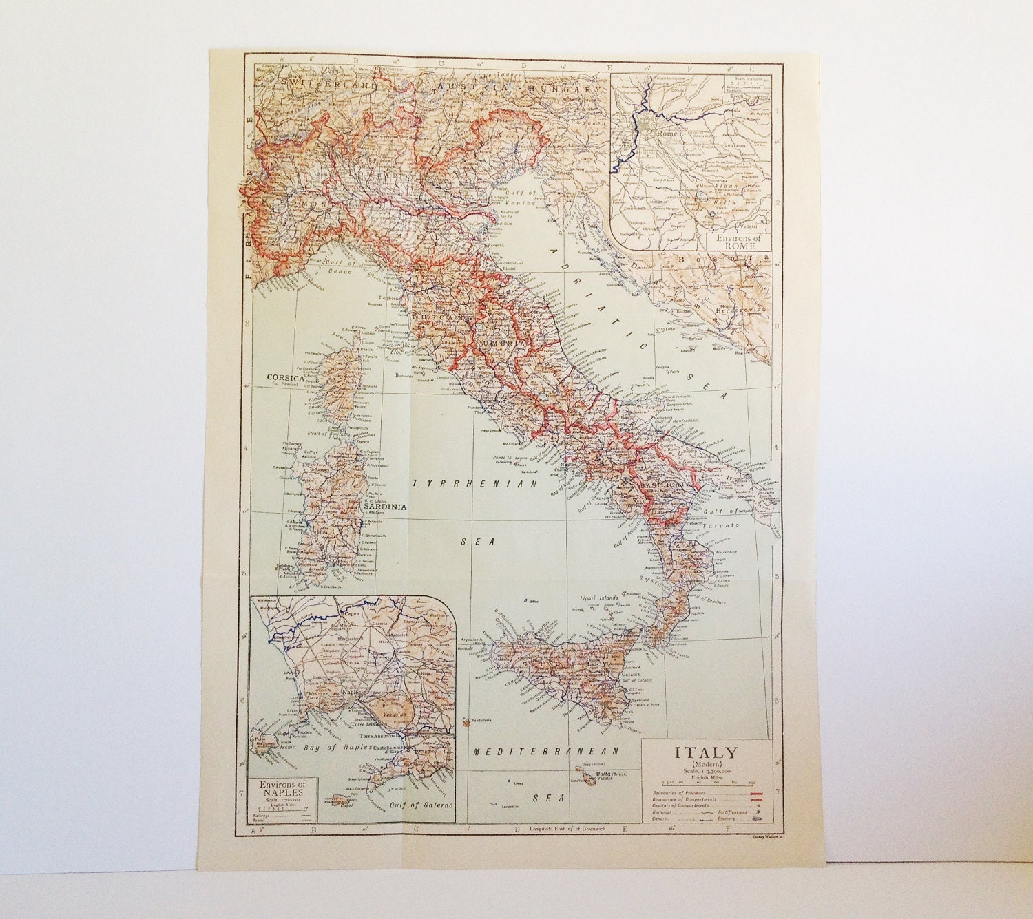 1910 Map of Modern Italy - Featuring Rome, Tuscany, Corsica and Mt. Vesuvius