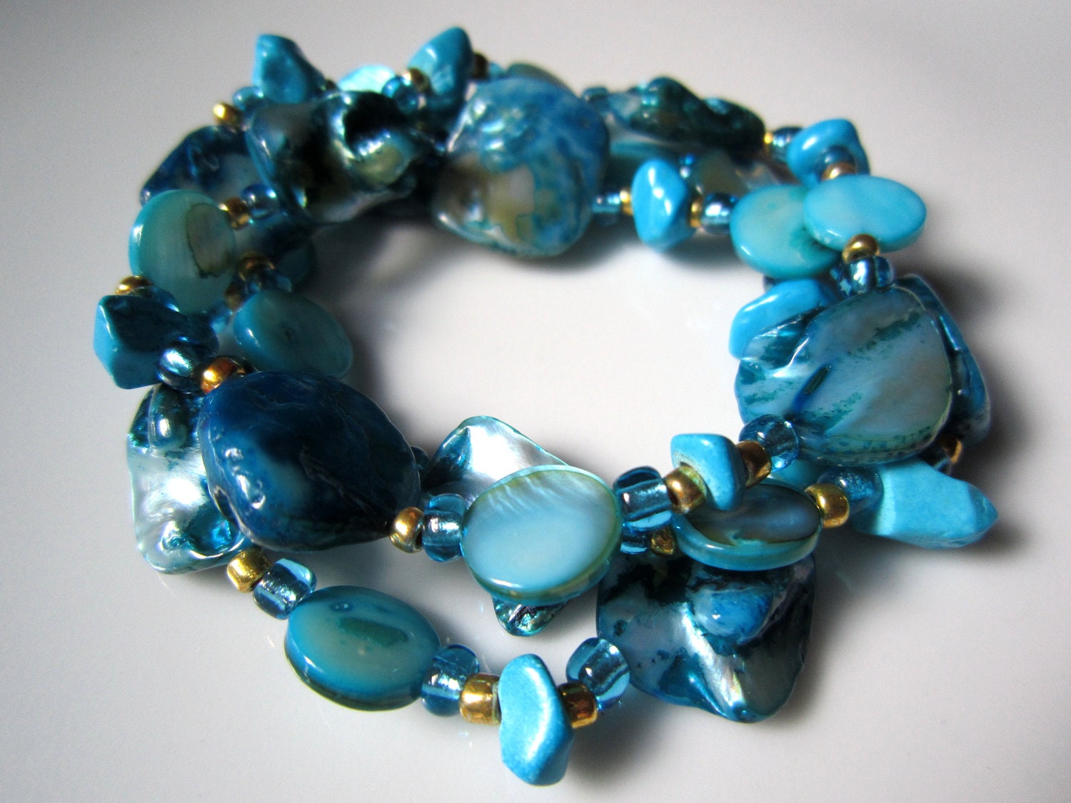 Shell Beaded Bracelets - Turquoise & Silver - Set of 3