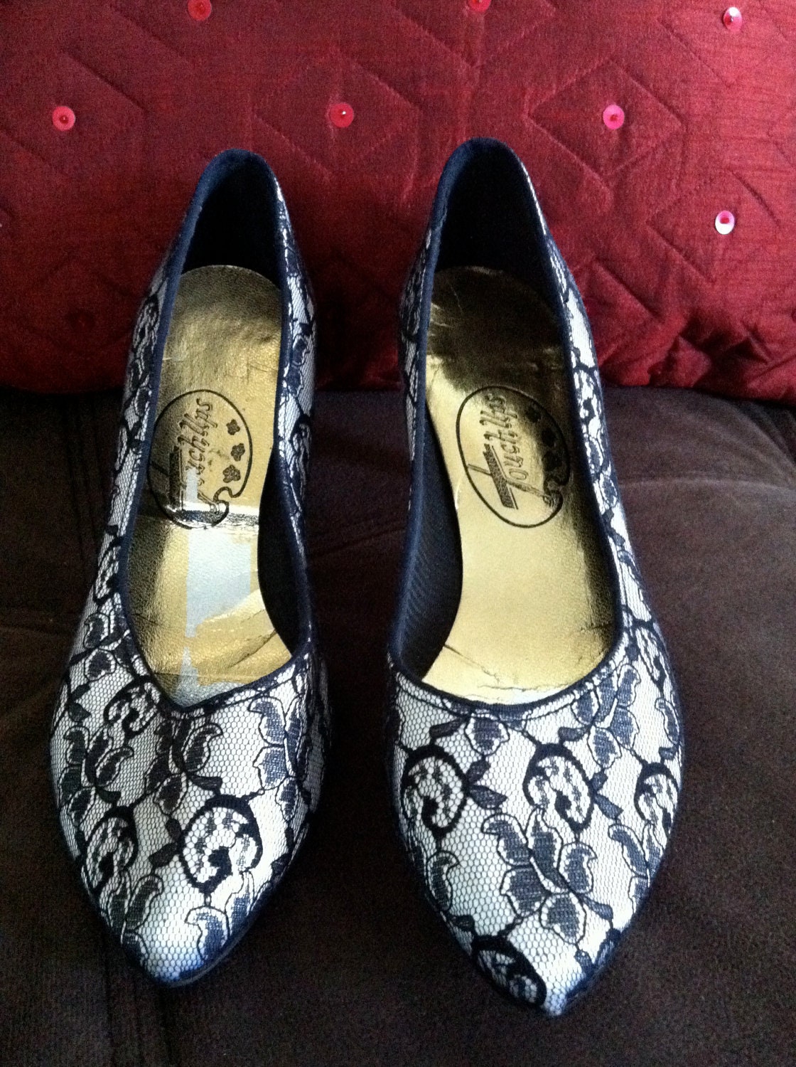 1980s Black Lace and Silver Shoes Heel Size 7