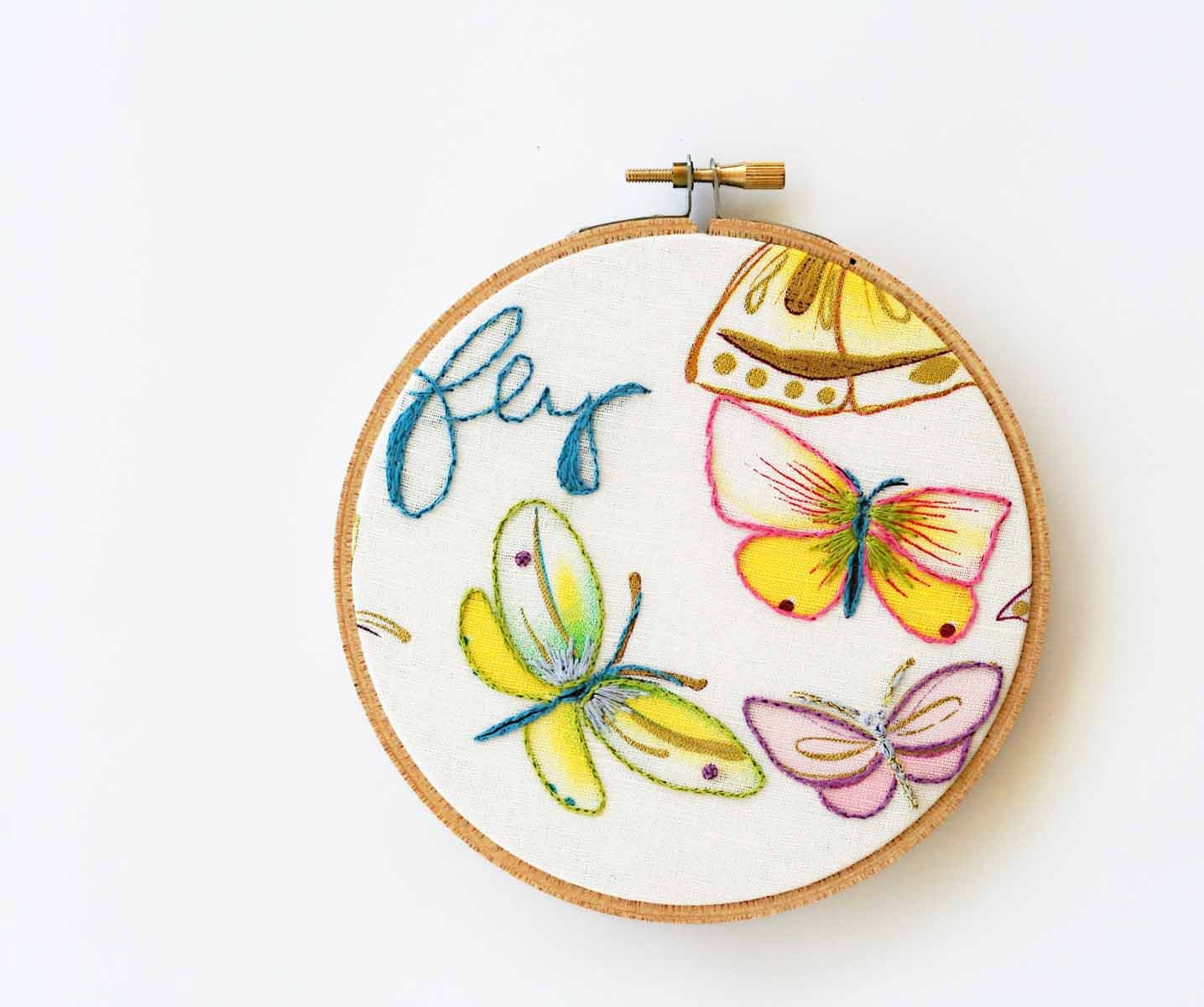 Butterfly embroidery hoop decor / nature inspired / blue hand embroidery / cursive writing / fresh summer pastel