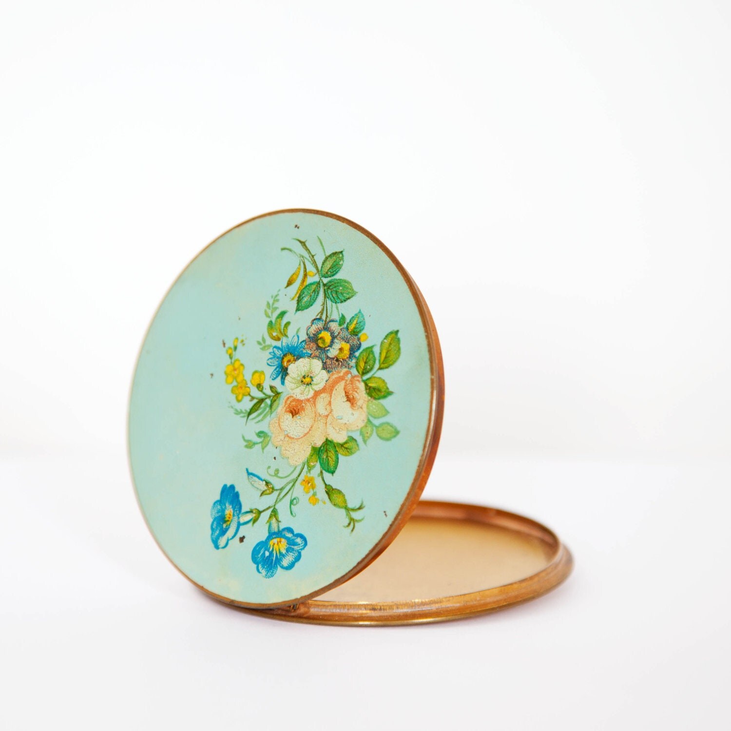 Vintage Stratton Mirror Compact, Mint Green Lid With Floral Design, Circa 60s