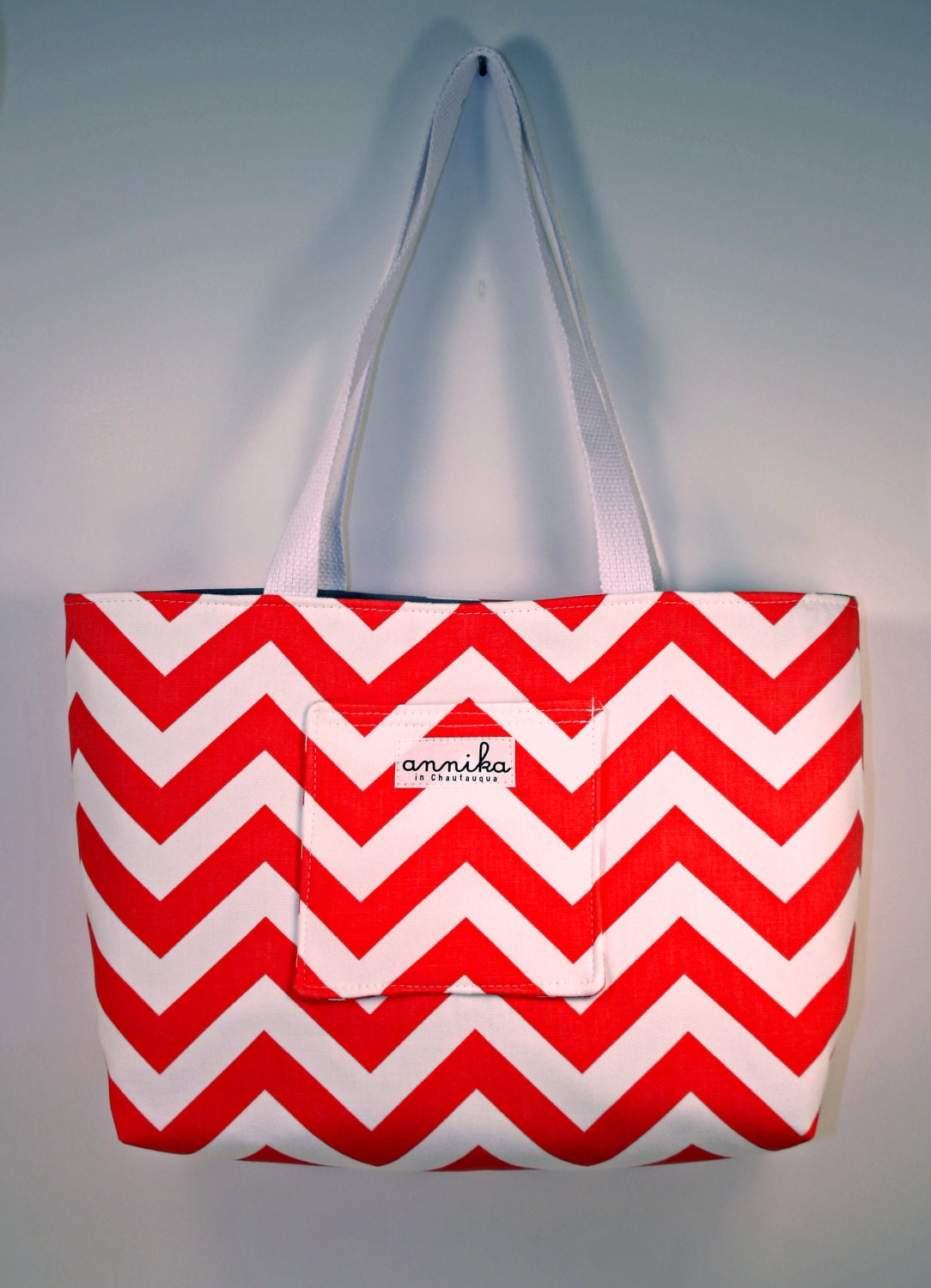 Medium Tote in Coral and White Zigzag Chevron
