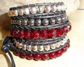Red leather wrap bracelet - bohemian leather bracelet - red gunmetal black gray silver bracelet - romantic love heart message