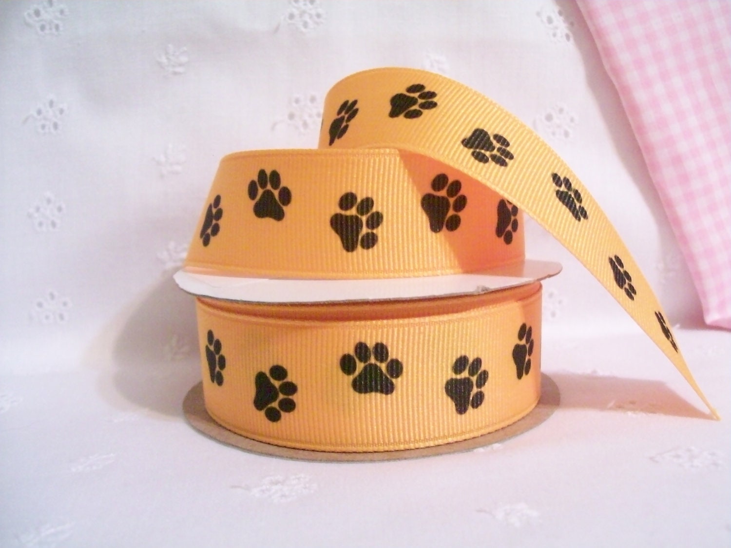 Grosgrain Ribbon 7/8" Paw Prints Black on Gold Sports 1 Yard