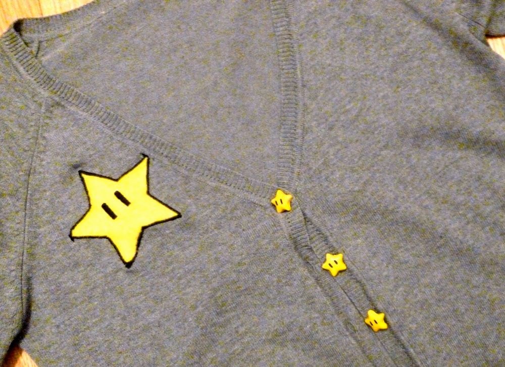 MARIO Inspired Cute Cardigan with Hand-made Applique and Hand-Made Invincibility Star Buttons