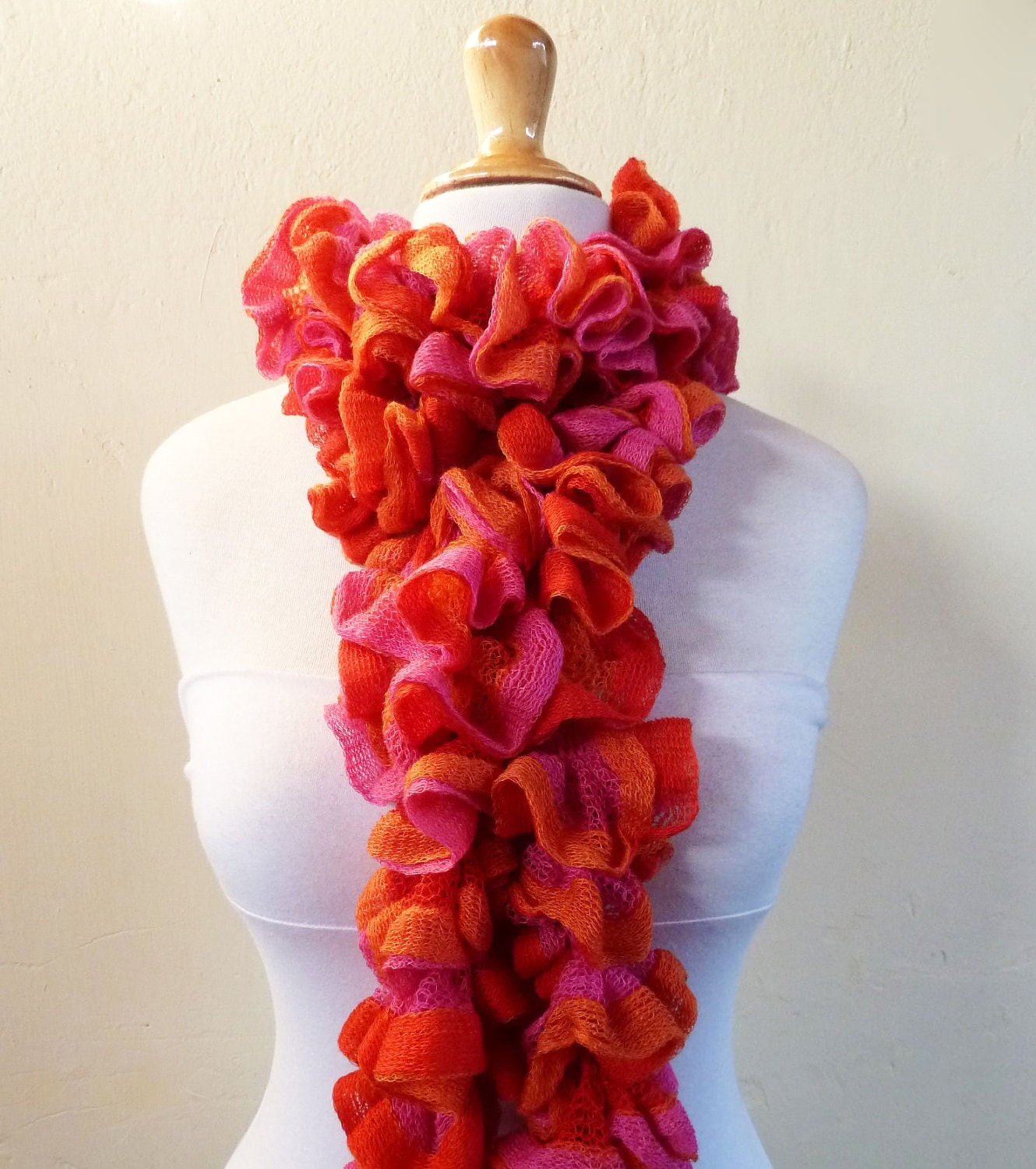 Knit Scarf FUCHSIA/RED/ORANGE - Ruffled Scarf, flamenco, can can - ruffle - Hand knitted long