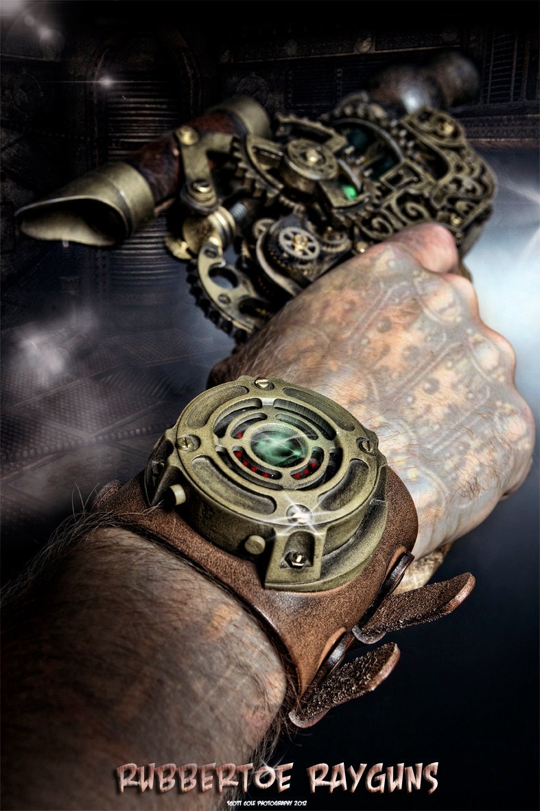 Fully Functioning Sci-fi Steampunk Watch - Tan leather with brass casing and red/orange LED's - RubbertoeReplicas
