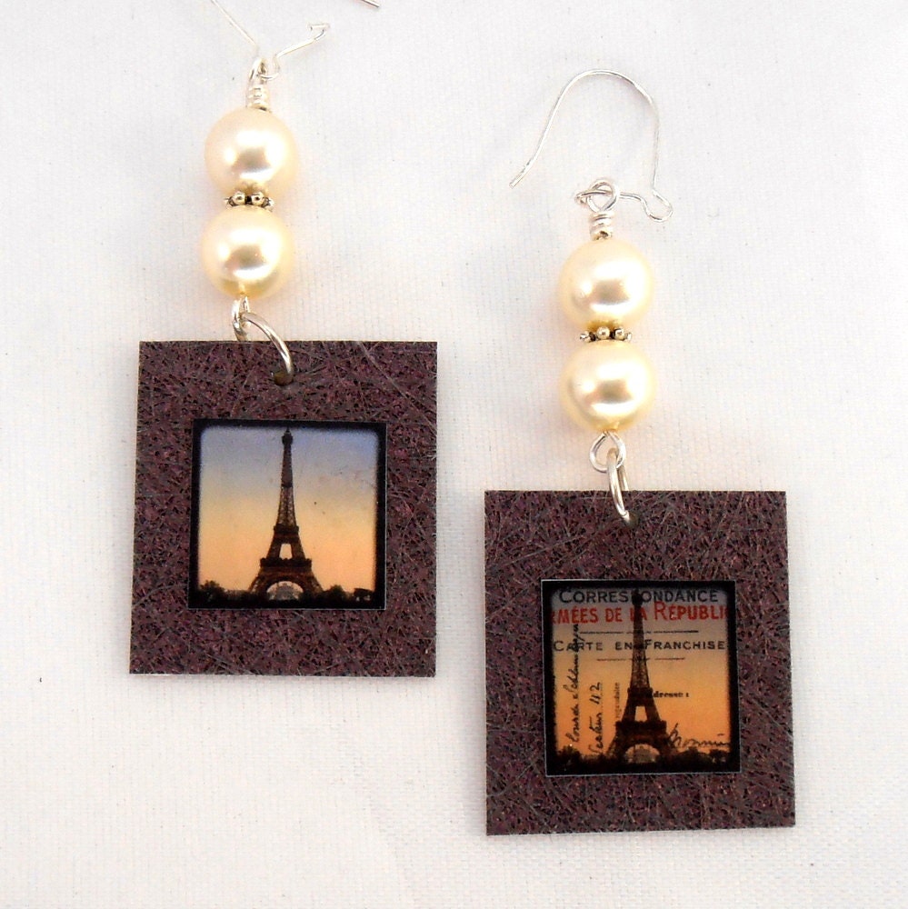 Eiffel Tower Recycled Paper Earrings, Paris Jewelry,  Light Weight  Dangle Earings,  Cream Pearls
