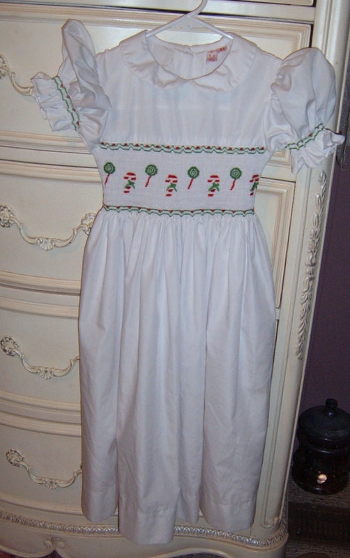 Vintage Smocked Christmas Dress. Little Girls Size 6, Holiday, Candy Canes,