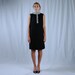 1960s Black Shift Dress with Beaded Collar / Rhinestone, Pearl and Silver Embroidered Applique High Neck / Size 16, L/XL