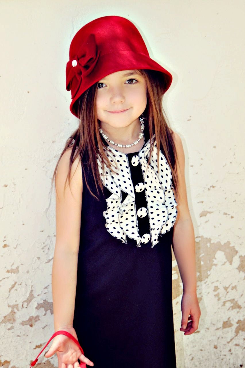 Black and White Polka Dot Ruffled Front Dress w/ Fabric Covered Buttons