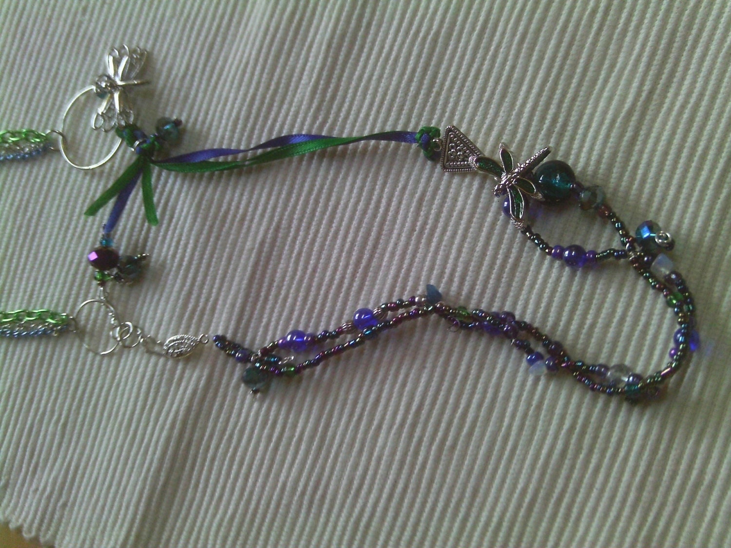 Bohemian Styled Dragonfly Necklace , Multi Metals and Ribbon Designed  Necklace, Blue/Green Multi Layered  Necklace,Spring Design Jewelry