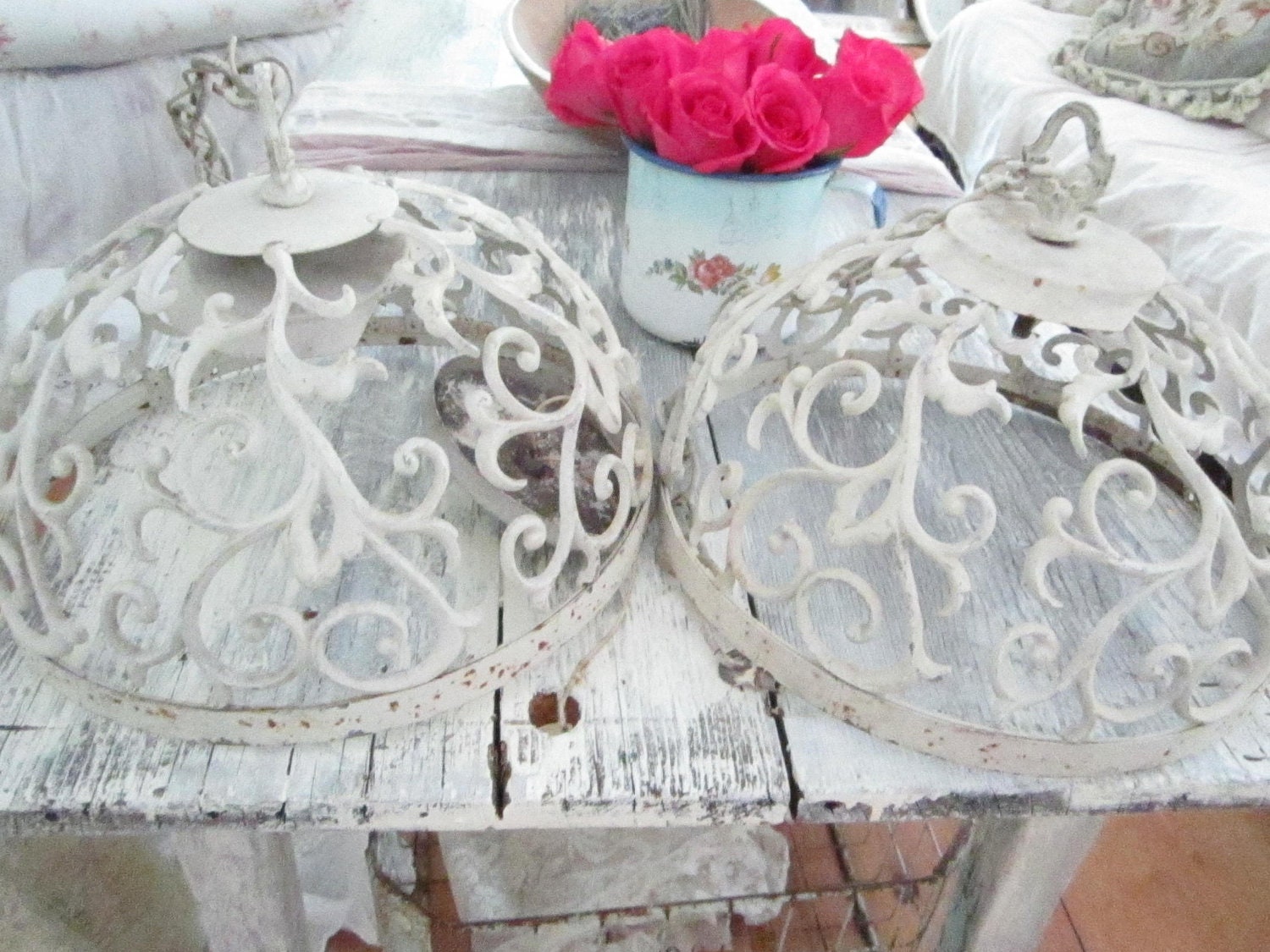 Pair white Vintage ornate chandeliers shabby chic prairie cottage chic