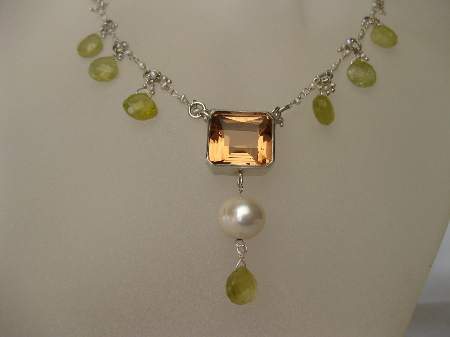 Morganite Pearl & Green Garnet Necklace