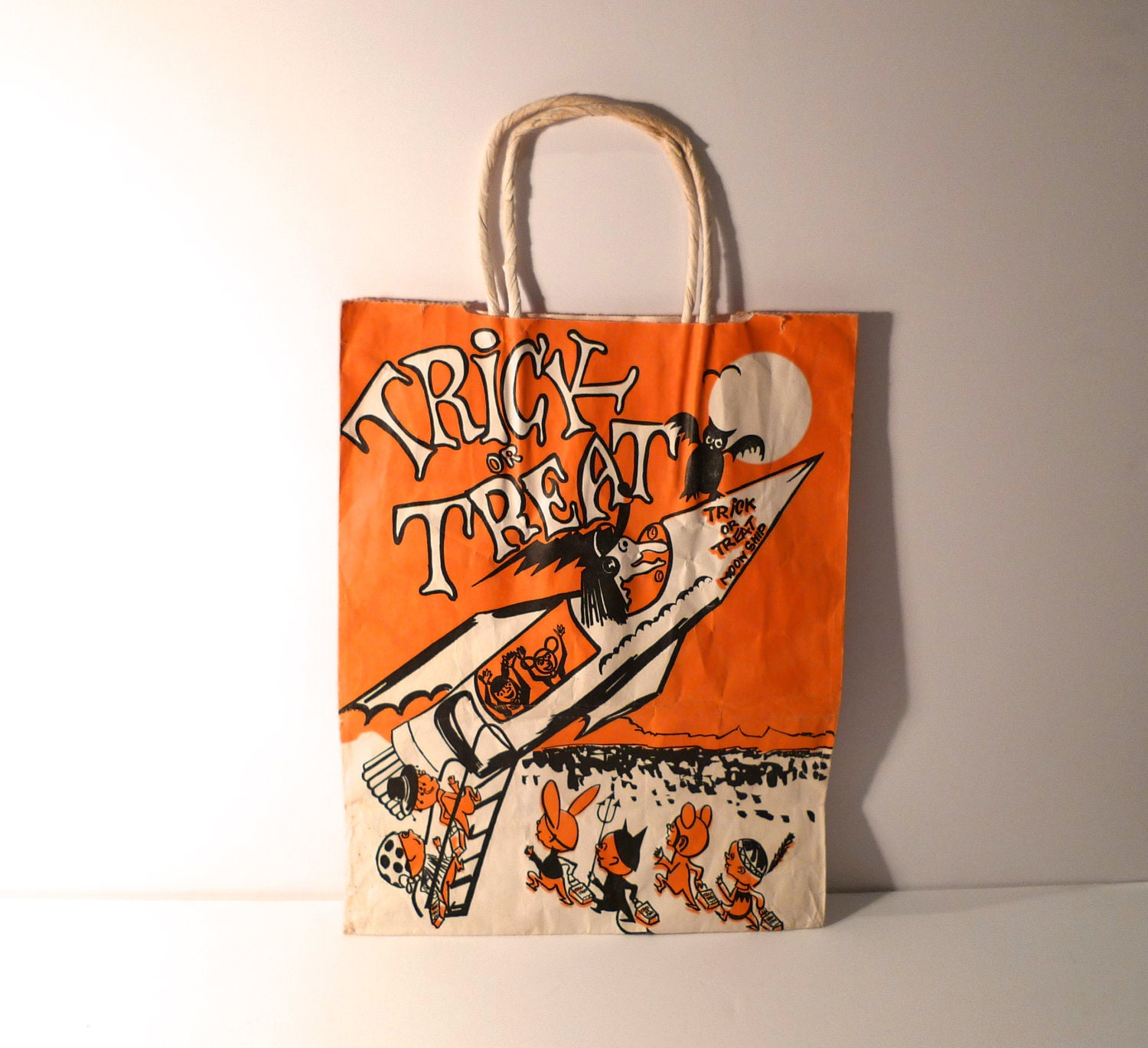 Vintage Halloween Trick Or Treat Moon Ship Witch Candy Bag Equitable Brand New York Black Owl Children Devil Costume Paper Rocket FREE SHIP