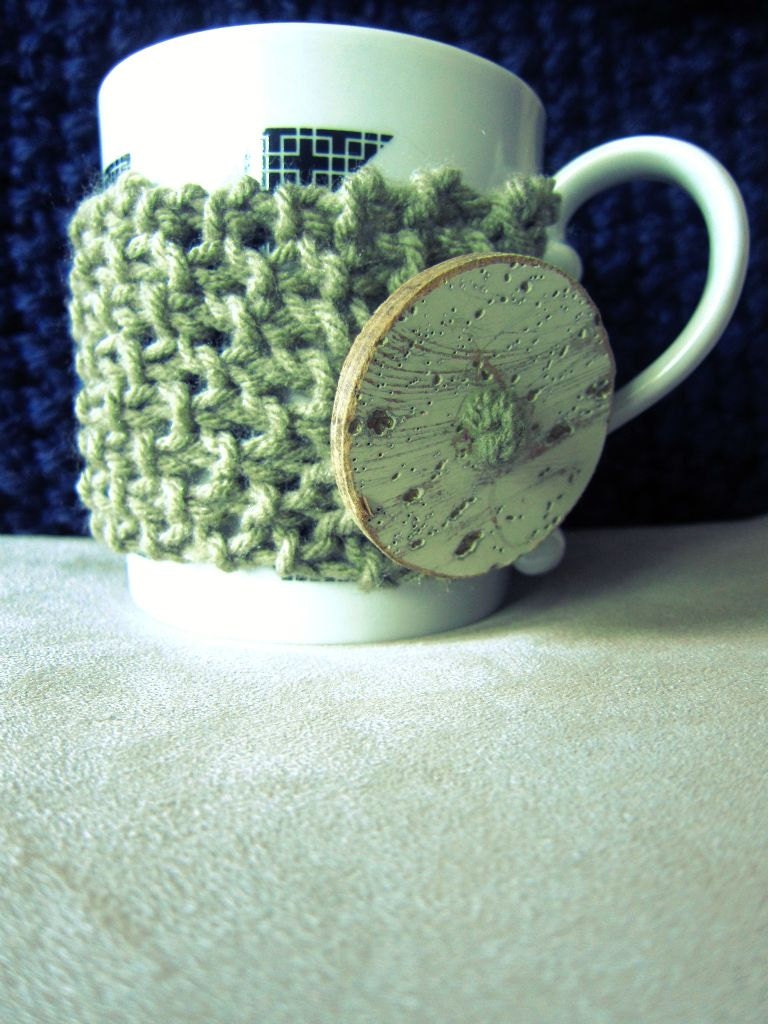 Tan Mug Warmer Knitted Coffee Cup Cozy Taupe White Large Button Loop Tea Hot Cocoa Sleeve