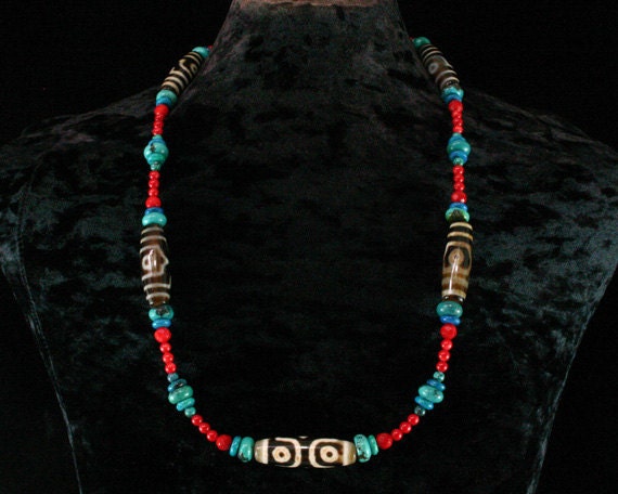 Red Coral,Turquoise, Dzi Necklace, Tibetan Dzi Beads - Statement Necklace - Beadwork - Yoga Jewelry - Om Jewelry - Mala - Beaded Necklace