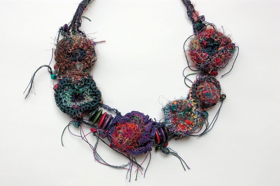Handmade crochet necklace with wooden beads OOAK